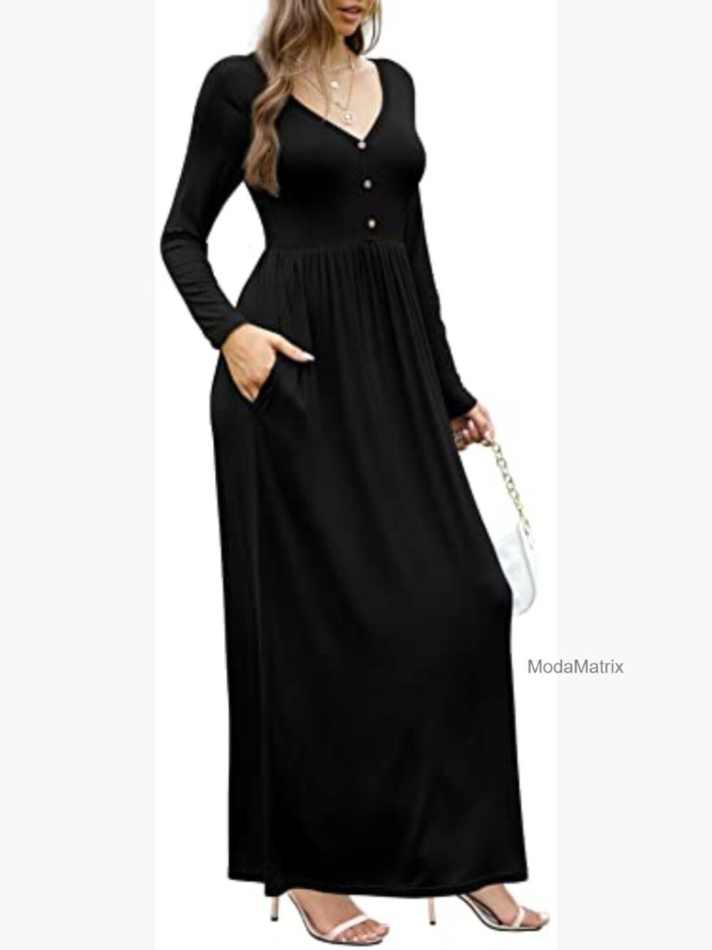 Long Sleeve V Neck Maxi Dress with Pockets - Picture 4 of 7